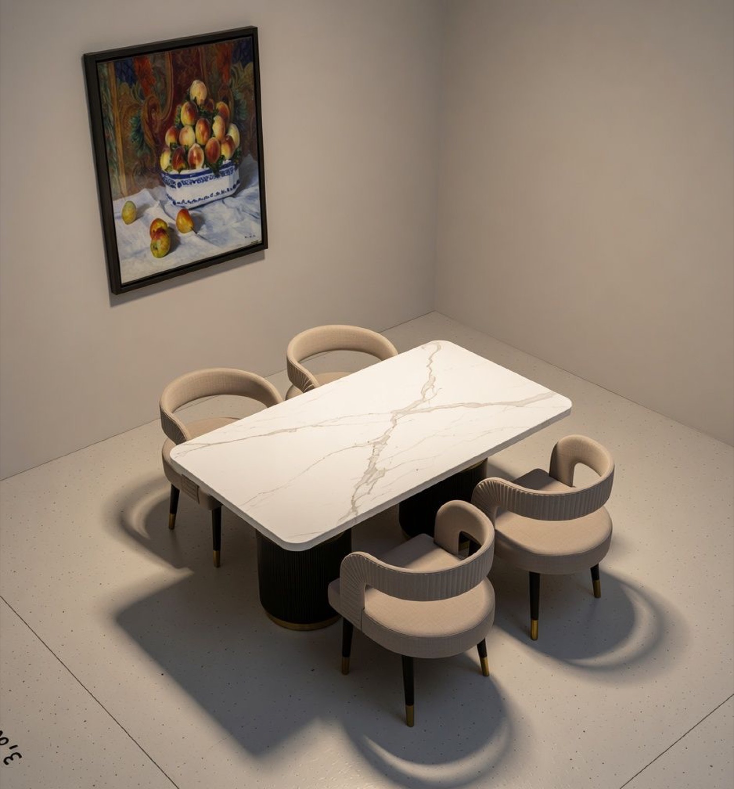 Render of a marble dining table with four chairs