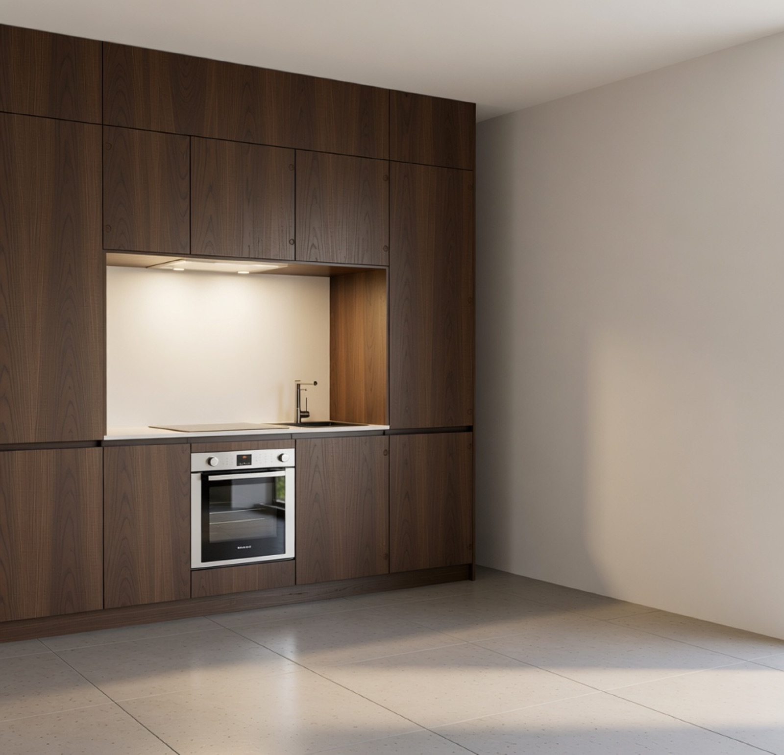 Render of a kitchen wall with an oven, made in Prontto