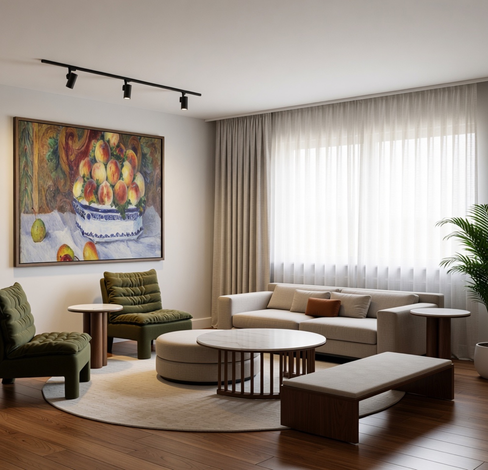 Render of a living room with a sofa, armchairs and a round coffee table
