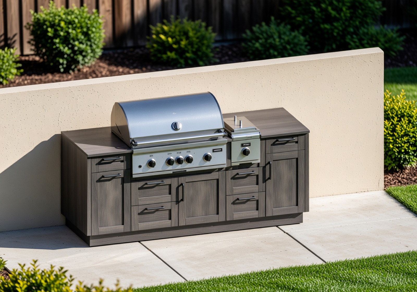 Render of an outdoor kitchen with a grill, in a garden